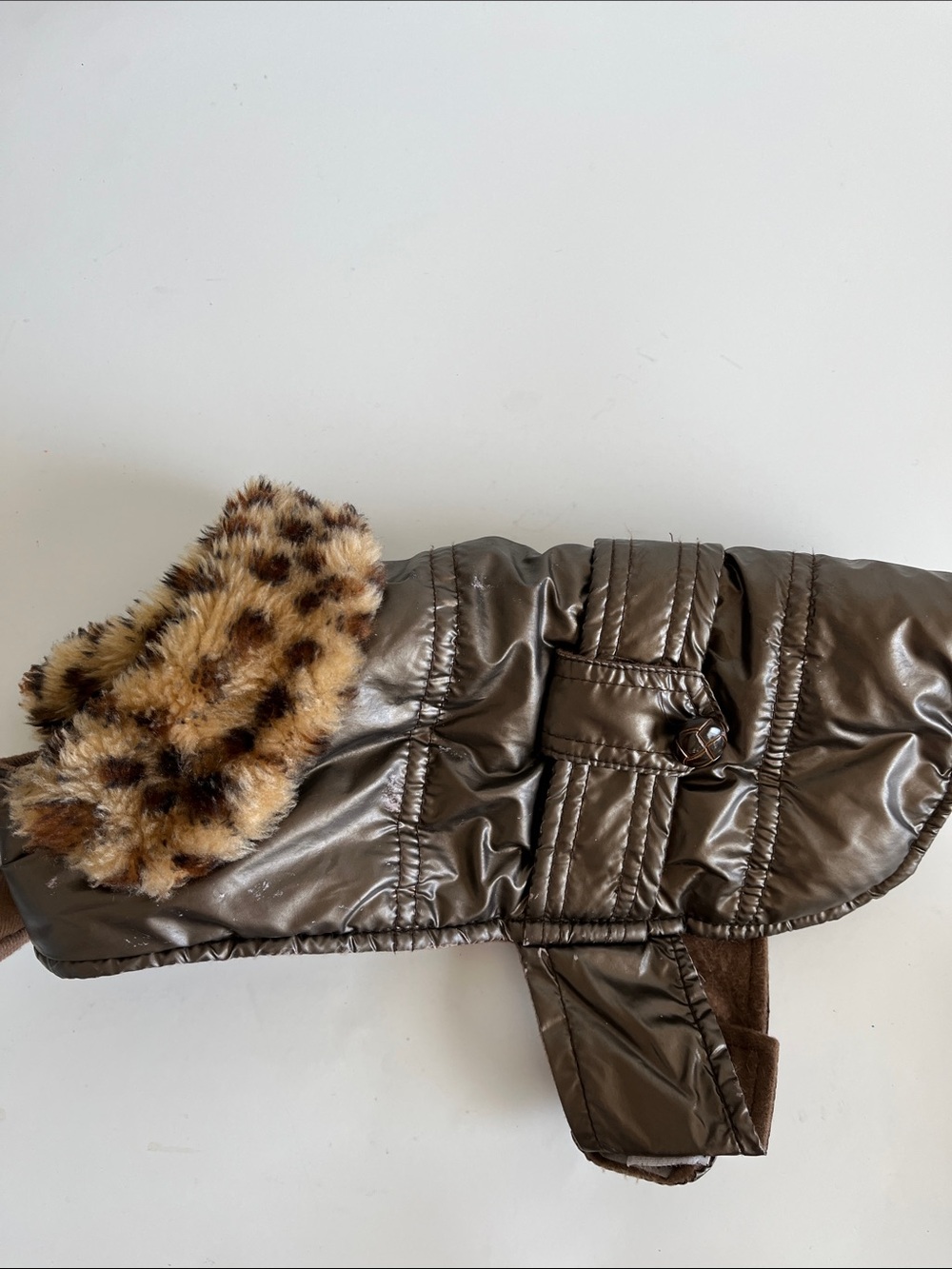 Metallic Brown Dog Puffer Coat with Faux Fur Leopard Collar